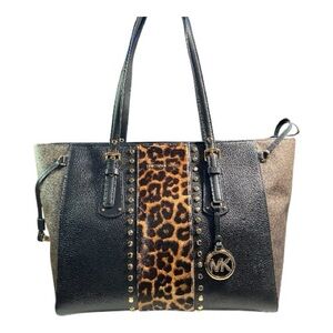 New Michael Kors Medium Tote Bag Voyager Mixed Media Animal Print Brown/Blk NWT